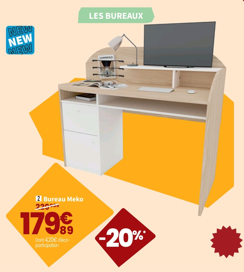 Bureau Meko 126.9 Cm Coloris Blanc / Imitation Chene. > 26/10