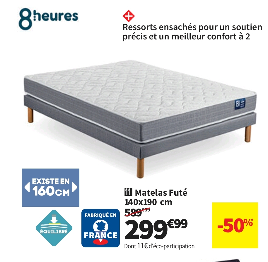 Matelas 140×190 Cm 8 Heures Fute Ressorts Soutien Medium épaisseur 21 Cm 8 Heures