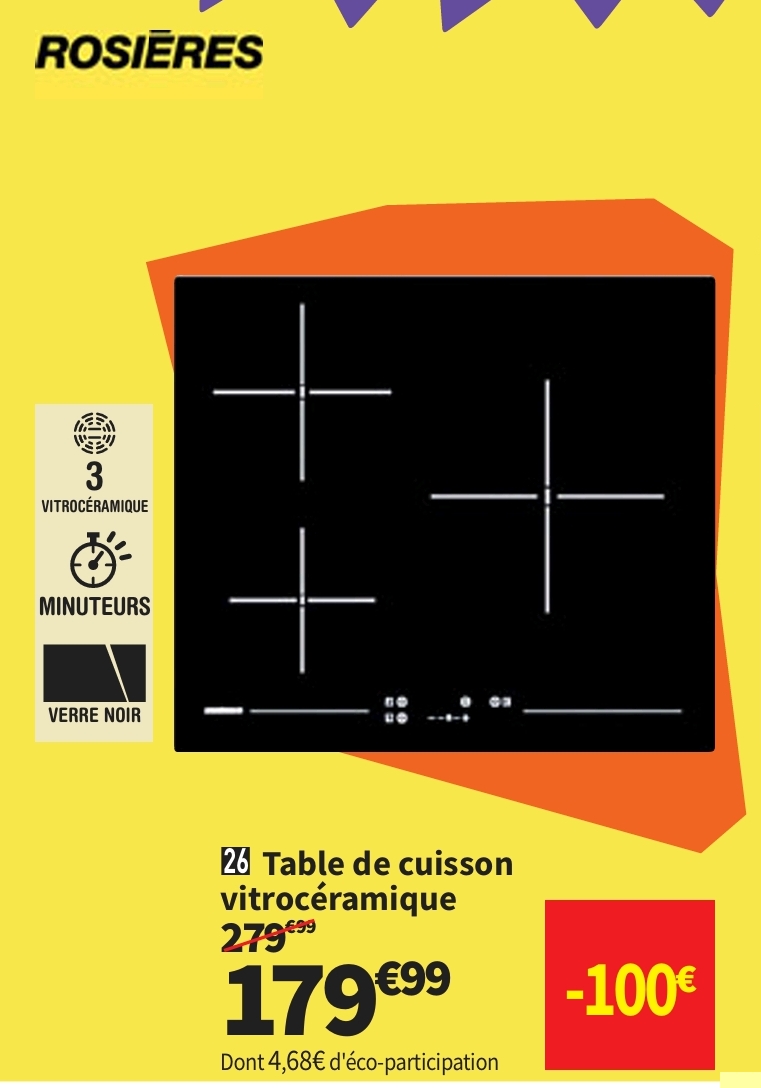 Plaque De Cuisson Vitrocéramique Rosieres Rh63ct/2 – 3 Foyer(s) 5600 Watts