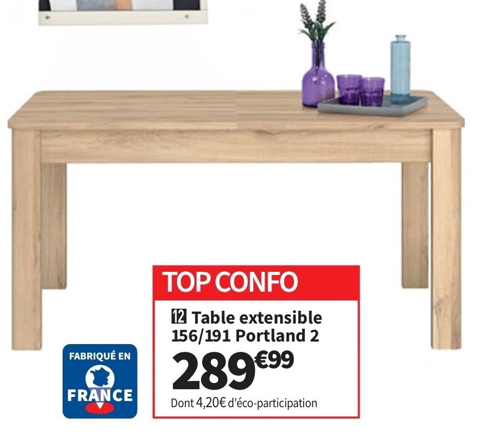 Table De Séjour Rectangulaire Avec Allonge Naturel Portland 2 – 90 Cmx156 Cm- 191 Cm. 26/10