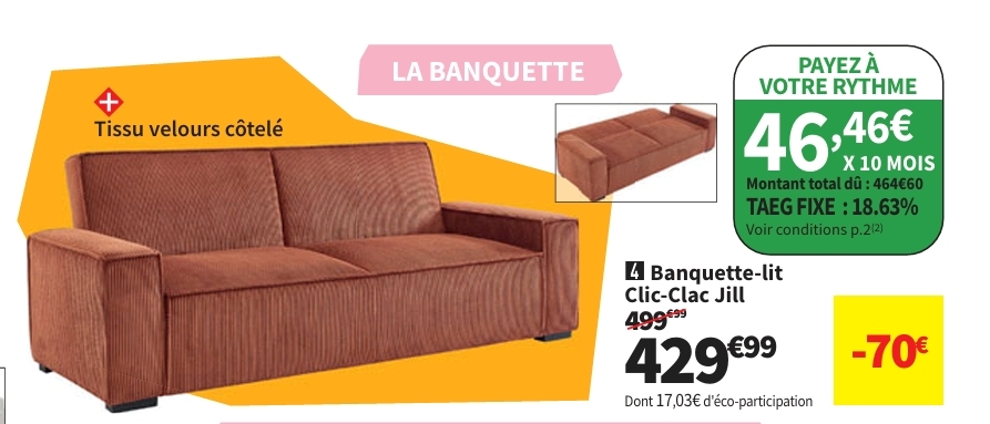 Banquette Lit Convertible Couchage Occasionnel Jill Terracotta  > 26/10