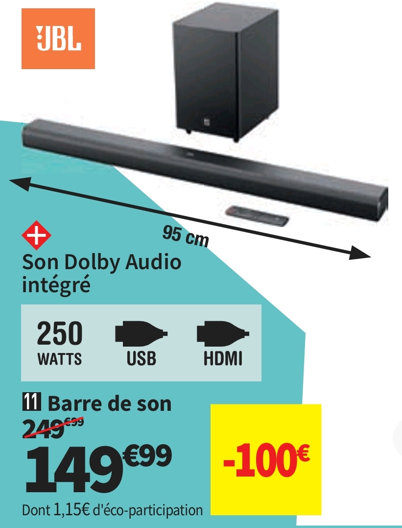 Barre De Son Sb550 Jbl Caisson Sans Fil 250 Watts 95 Cm Coloris Noir