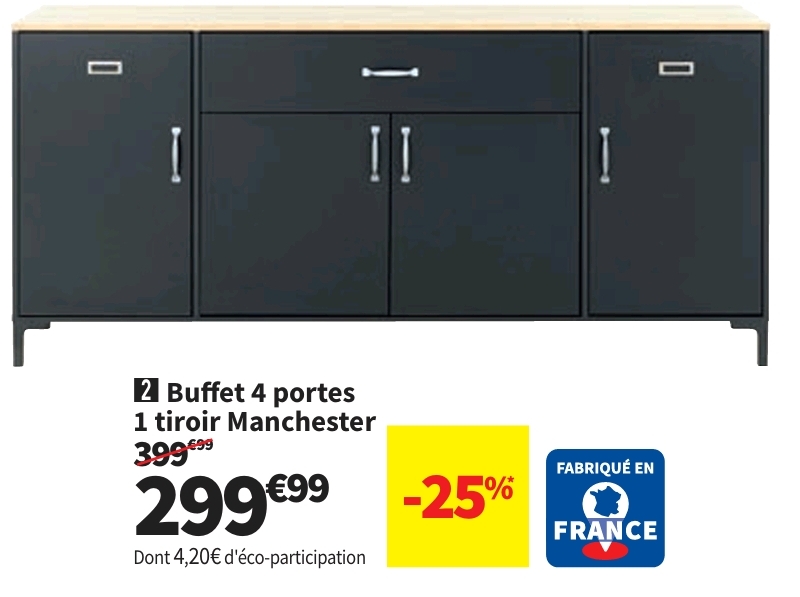 Buffet 4 Porte(s) 1 Tiroir(s) Manchester – 180 Cm Coloris Bicolore