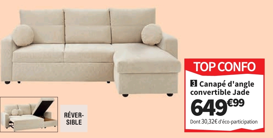 Canapé D&rsquo;angle Réversible Convertible Jade 4 Places Tissu Sable Coffre De Rangement