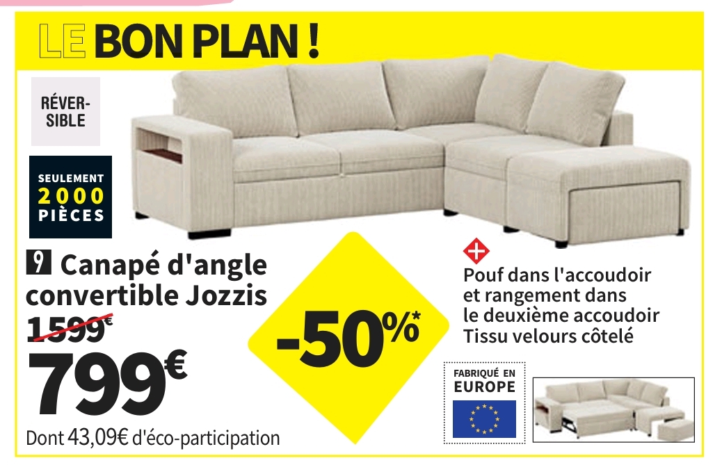 Canapé D’angle Réversible Convertible Jozzis 4 Places Velours Beige Avec Coffre De Rangement >26/10
