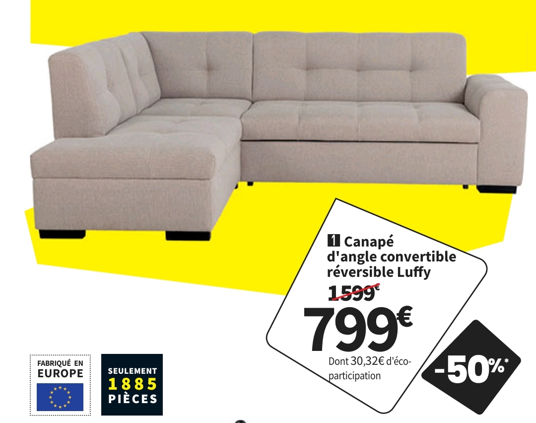 Bon Plan. Canapé D’angle Réversible Convertible Luffy 4 Places Tissu Beige Avec Coffre De Rangement