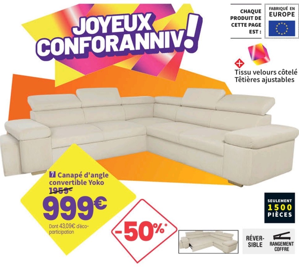 Canapé D’angle Réversible Convertible Yoko 4 Pl Velours Côtelé Perle Coffre De Rangement > 28/09