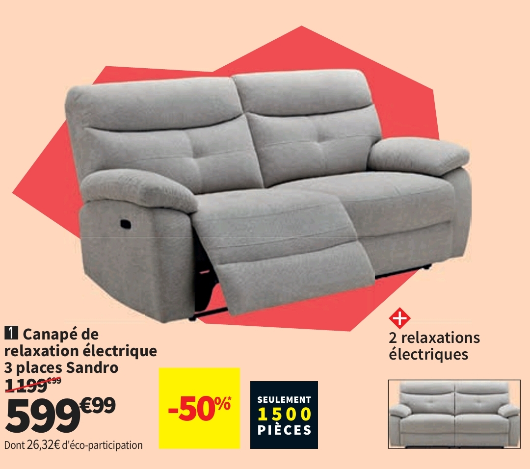 Canapé Droit Relax électrique Sandro 3 Places Tissu Beige