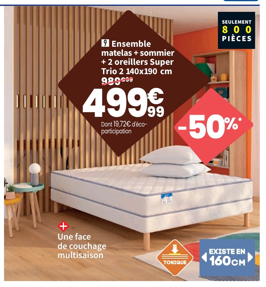 Ensemble Matelas Et Sommier 140×190 Cm Ressorts Merinos Super Trio 2 Soutien Ferme