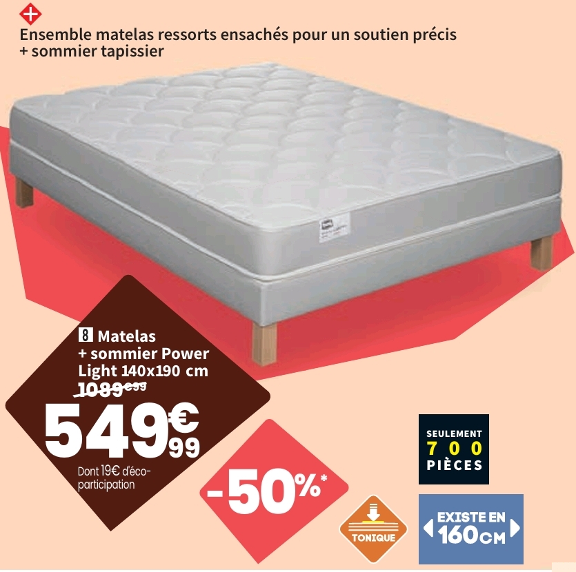 Ensemble Matelas Et Sommier 140×190 Cm Ressorts Simmons Pack Power Light