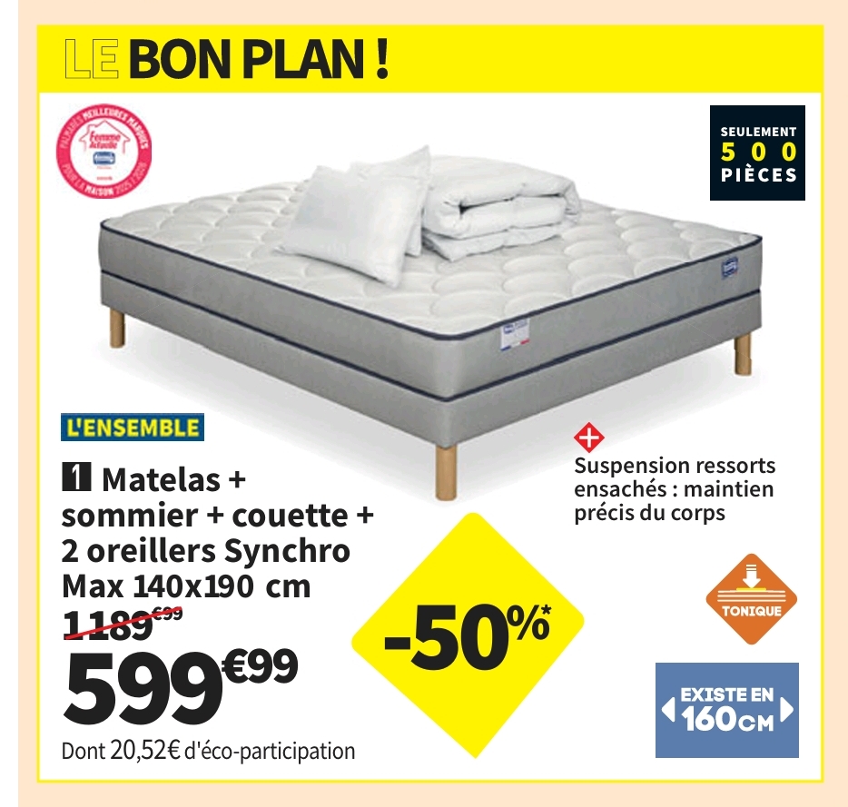Ens Matelas Et Sommier140×190 Cm Ressorts Simmons Synchro Max ép 20 Cm Et 2 Oreillers1 Couette 26/10
