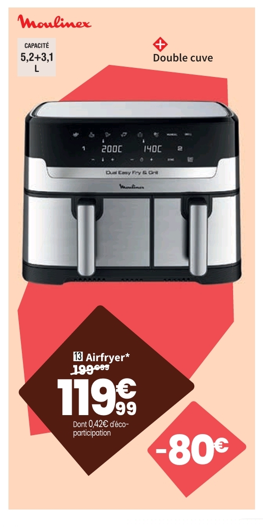 Friteuse Peu D&rsquo;huile Moulinex Ez905d20 Dual Easy Fry & Grill