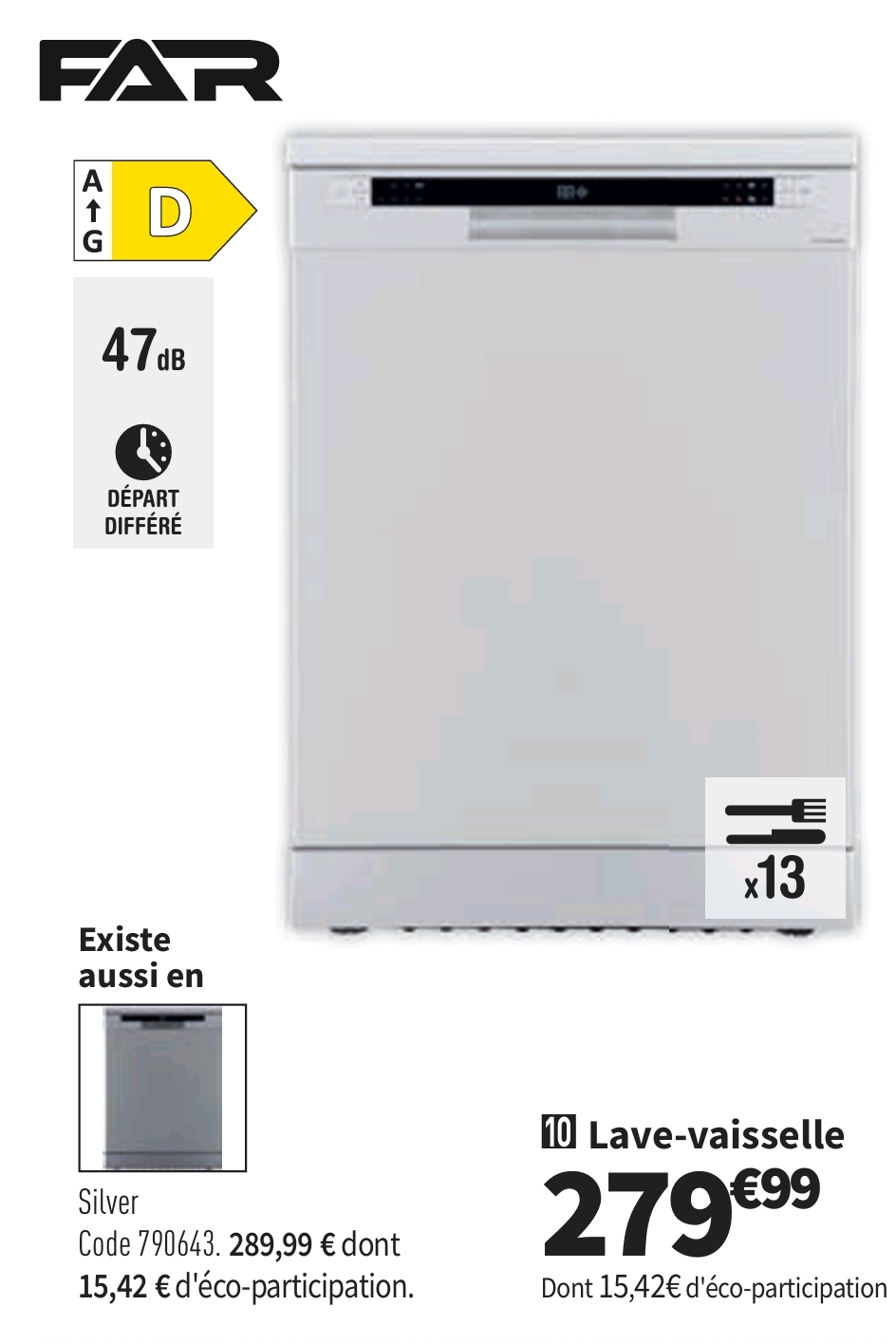 Lave Vaisselle Largeur 60 Cm Far Lv13c47m24dw G 13 Couverts 47 Db