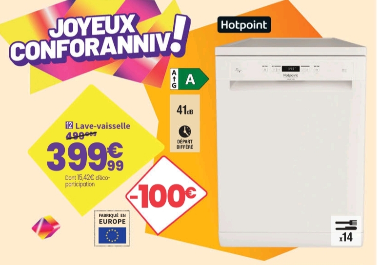 Lave Vaisselle Largeur 60 Cm Hotpoint Ha3fa14bn7a0w – 14 Couvert(s) 41 Db > 28/09