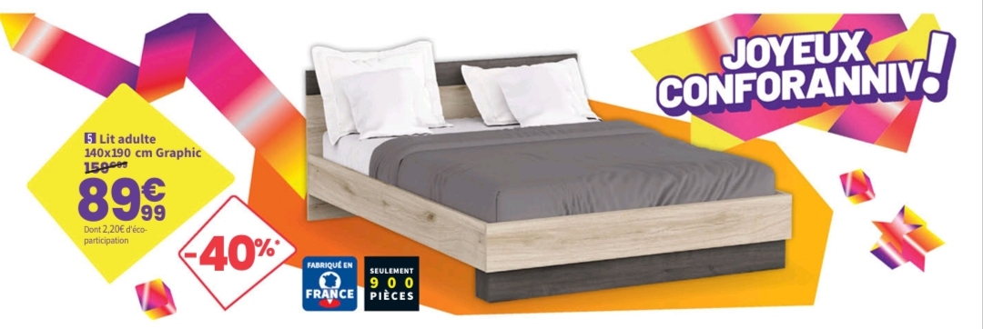 Lit 2 Places 140×190 Cm Graphic Coloris Imitation Bois Et Gris. > 28/09