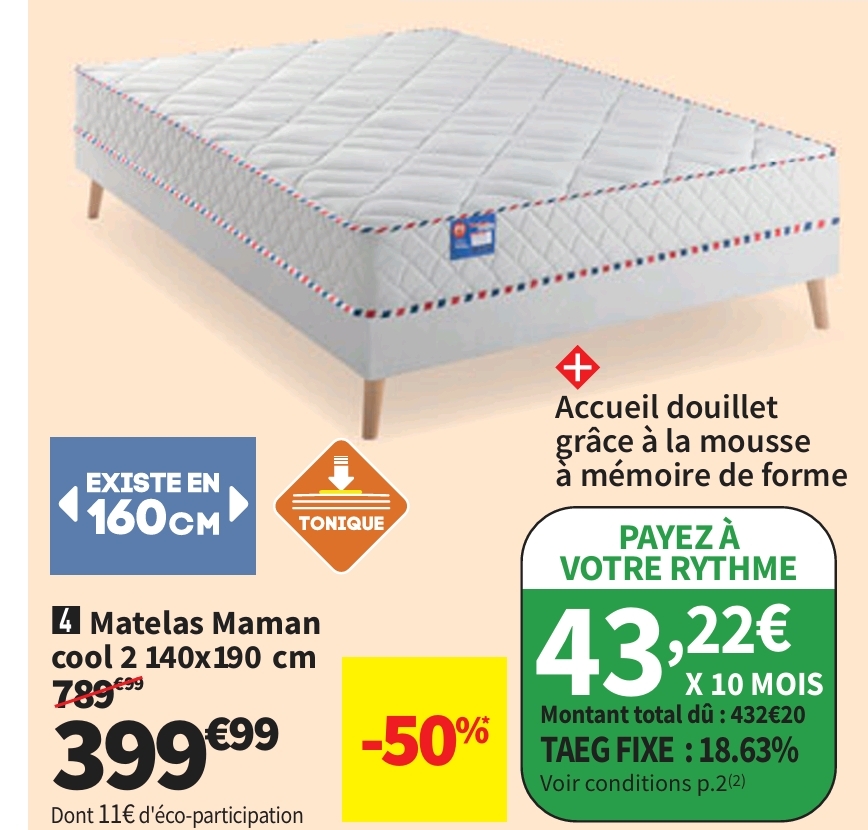 Matelas 140×190 Cm Merinos Maman Cool 2 Ressorts   Mémoire De Forme Soutien Ferme ép 21 Cm. >26/10