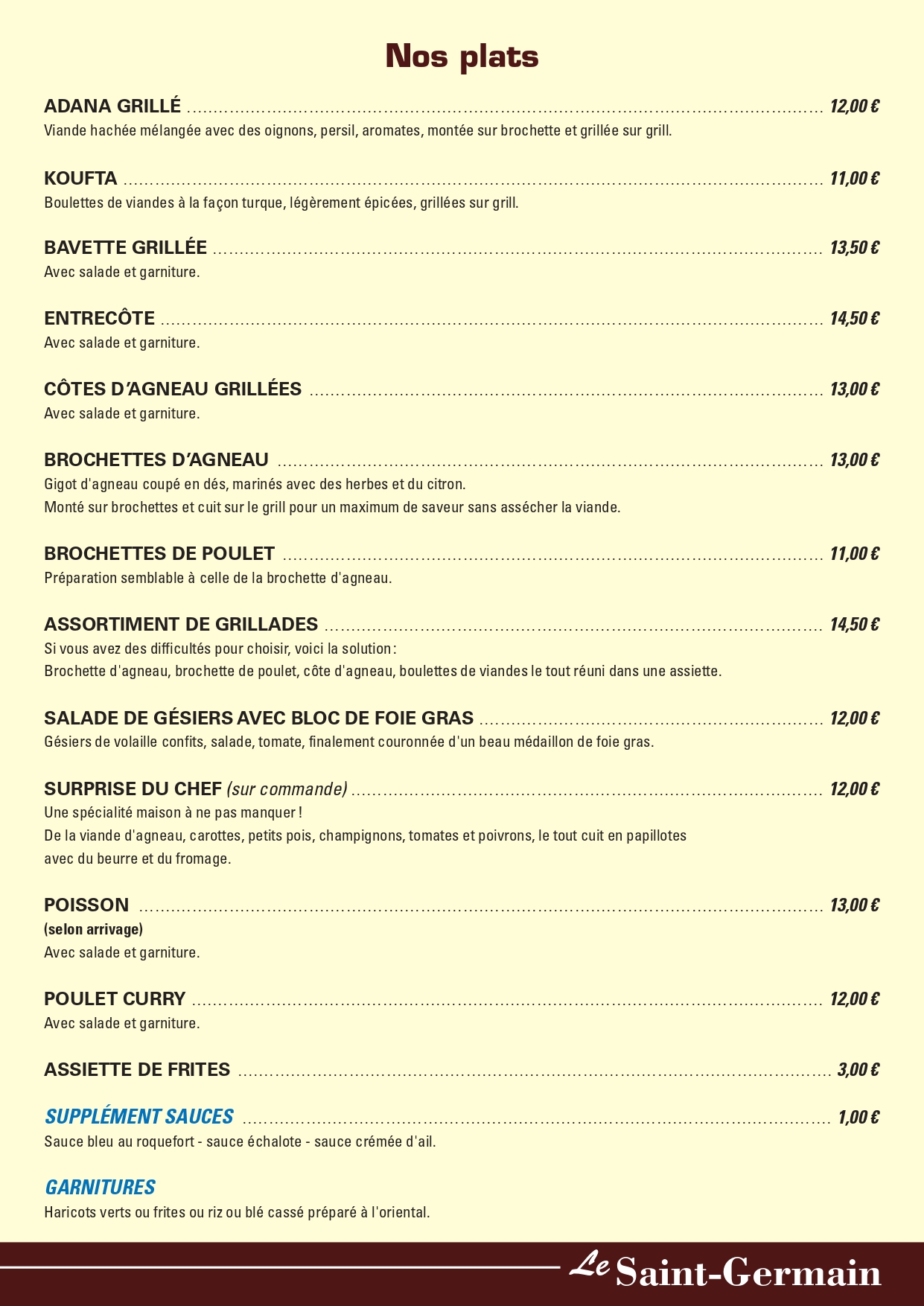 Plats à la carte Le Saint Germain