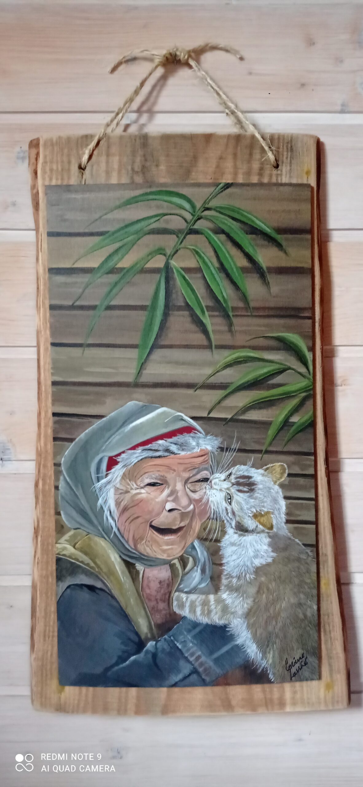 Tableau : Peinture Sur Bois : Mémé Et Son Petit Chat